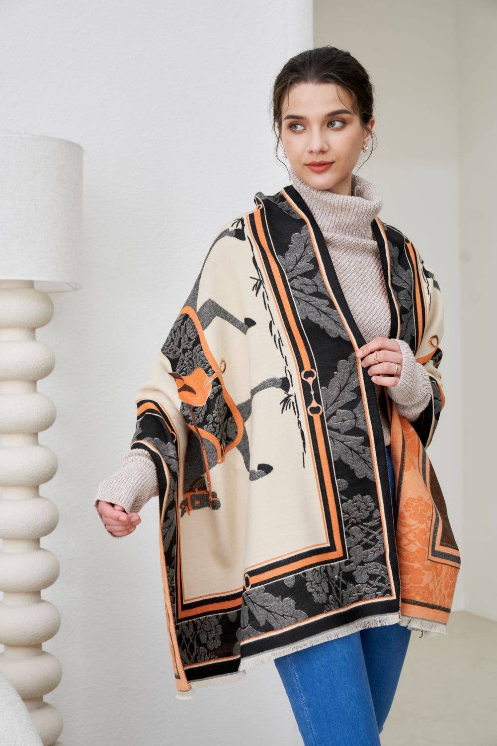 AWST Int'l Baroque Horses Acrylic Cashmere Scarf: Tan