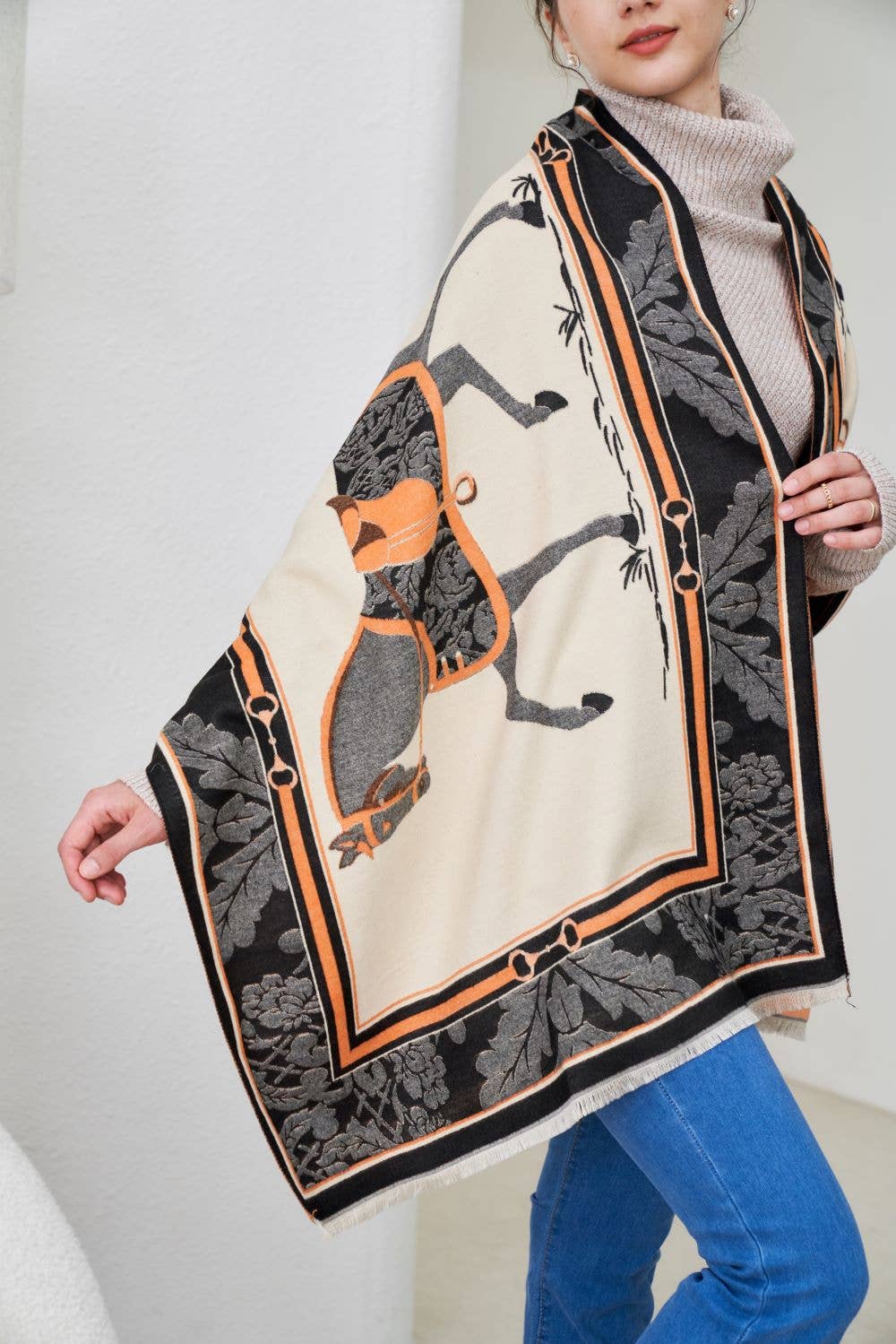 AWST Int'l Baroque Horses Acrylic Cashmere Scarf: Tan