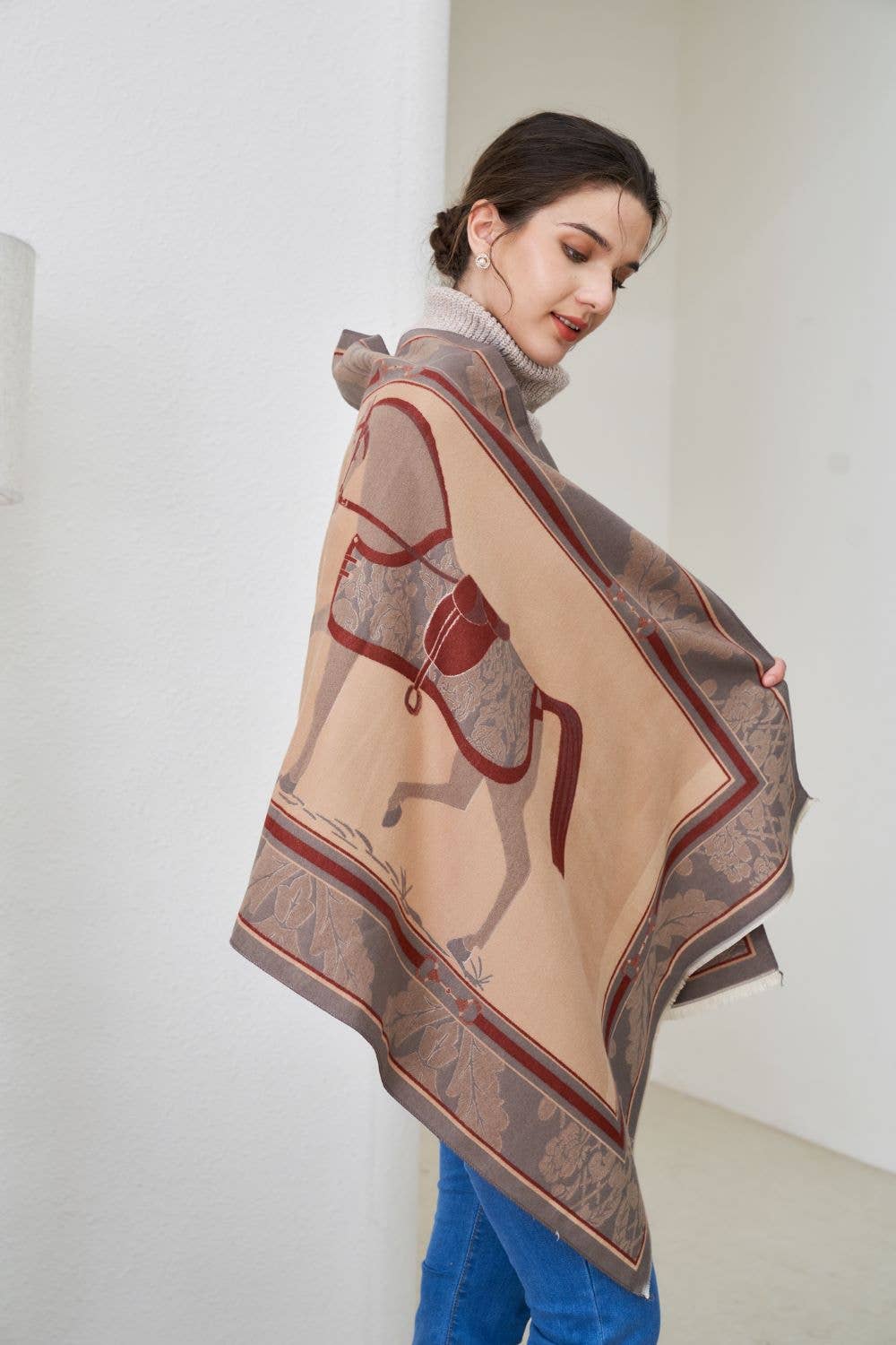 AWST Int'l Baroque Horses Acrylic Cashmere Scarf: Tan