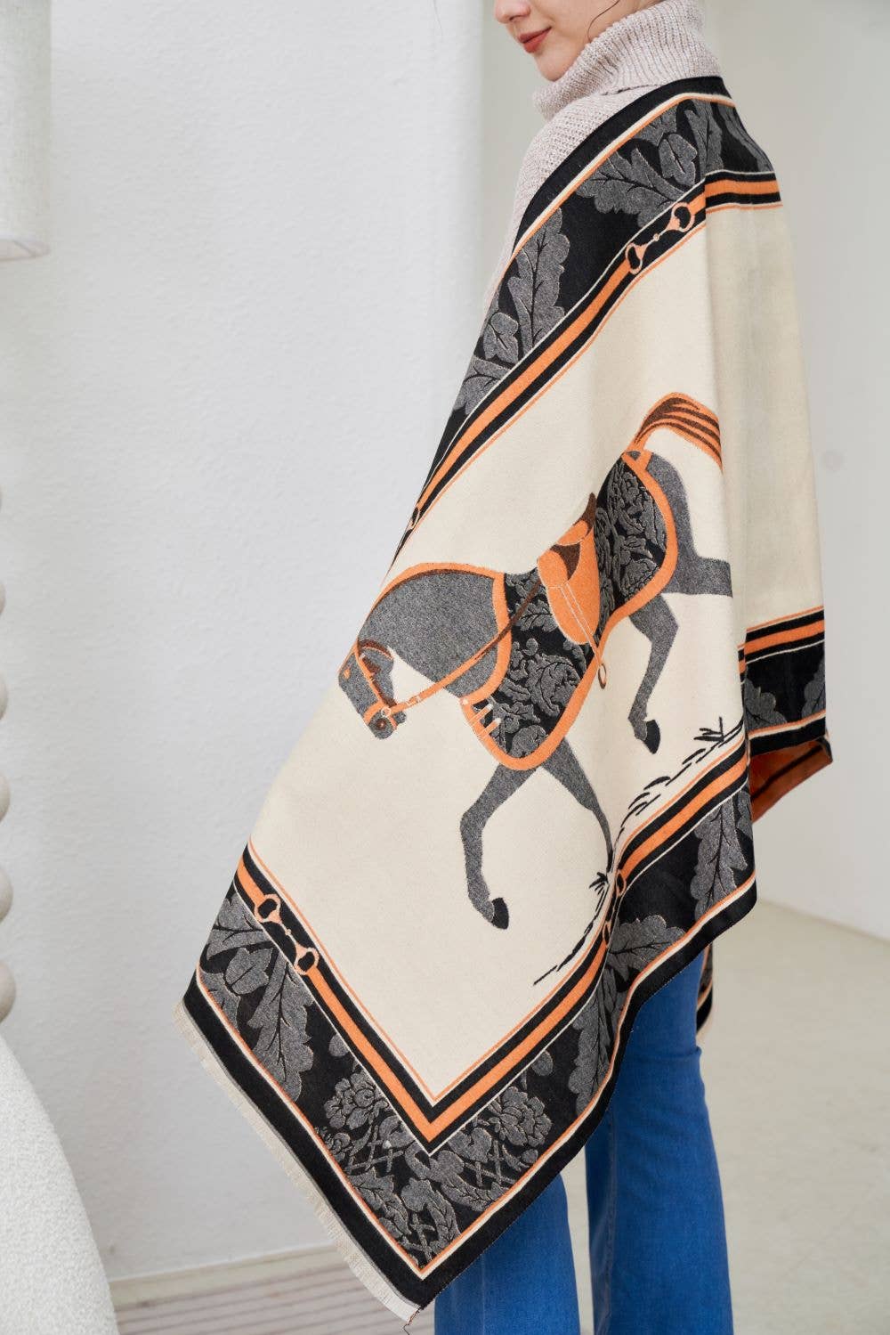 AWST Int'l Baroque Horses Acrylic Cashmere Scarf: Tan