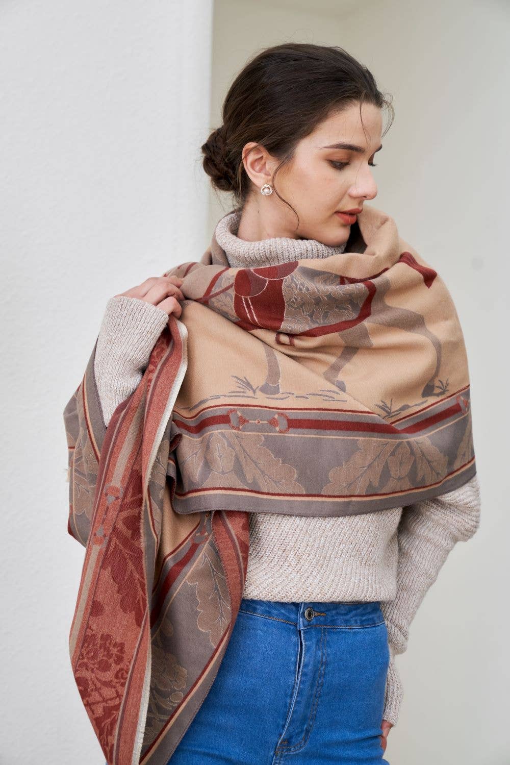 AWST Int'l Baroque Horses Acrylic Cashmere Scarf: Tan