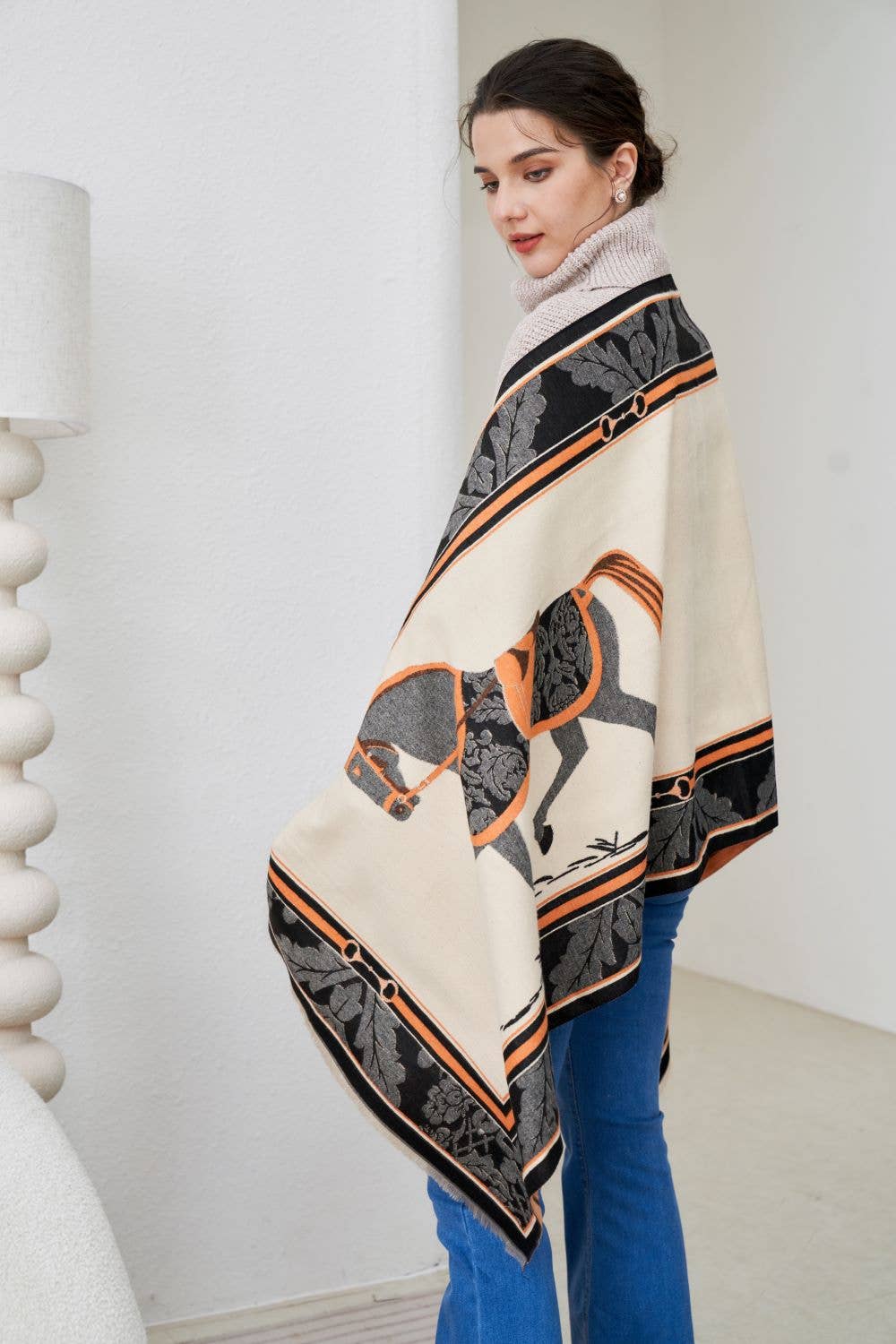 AWST Int'l Baroque Horses Acrylic Cashmere Scarf: Tan